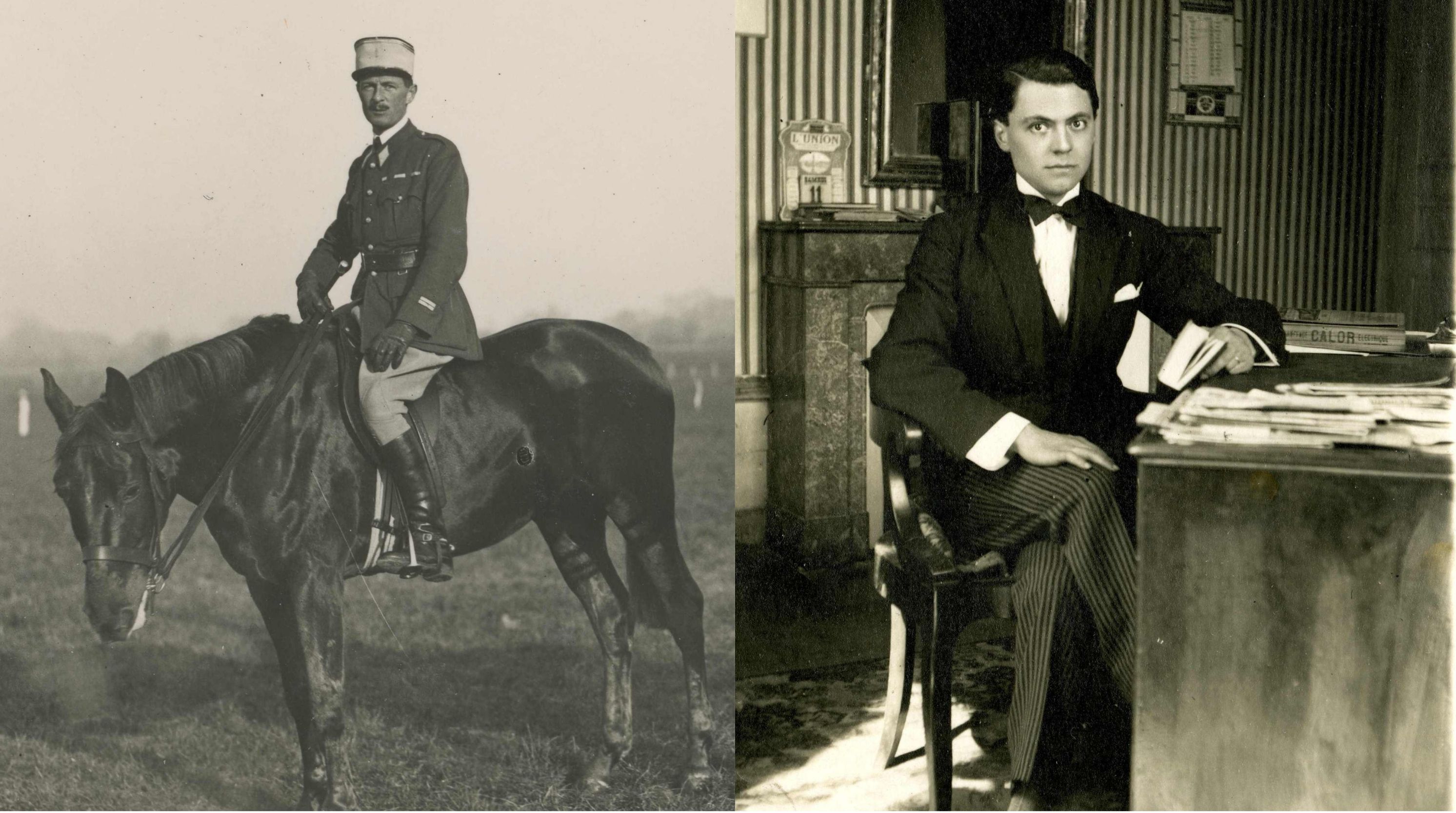 A gauche, Philippe de Hauteclocque à cheval , à droite, Jean Moulin à Alberville