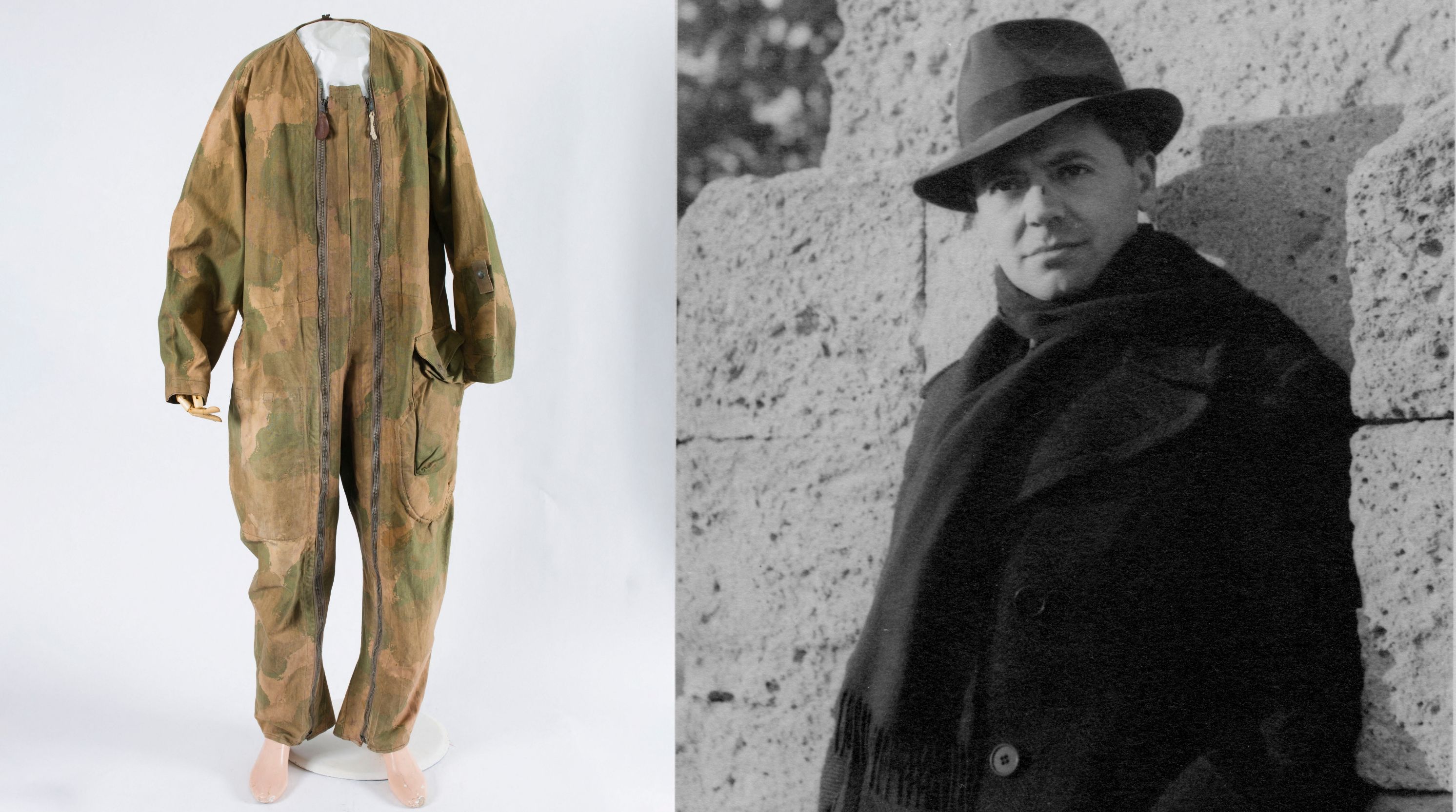 A gauche : combinaison de saut du SOE ; à droite : portrait de Jean Moulin