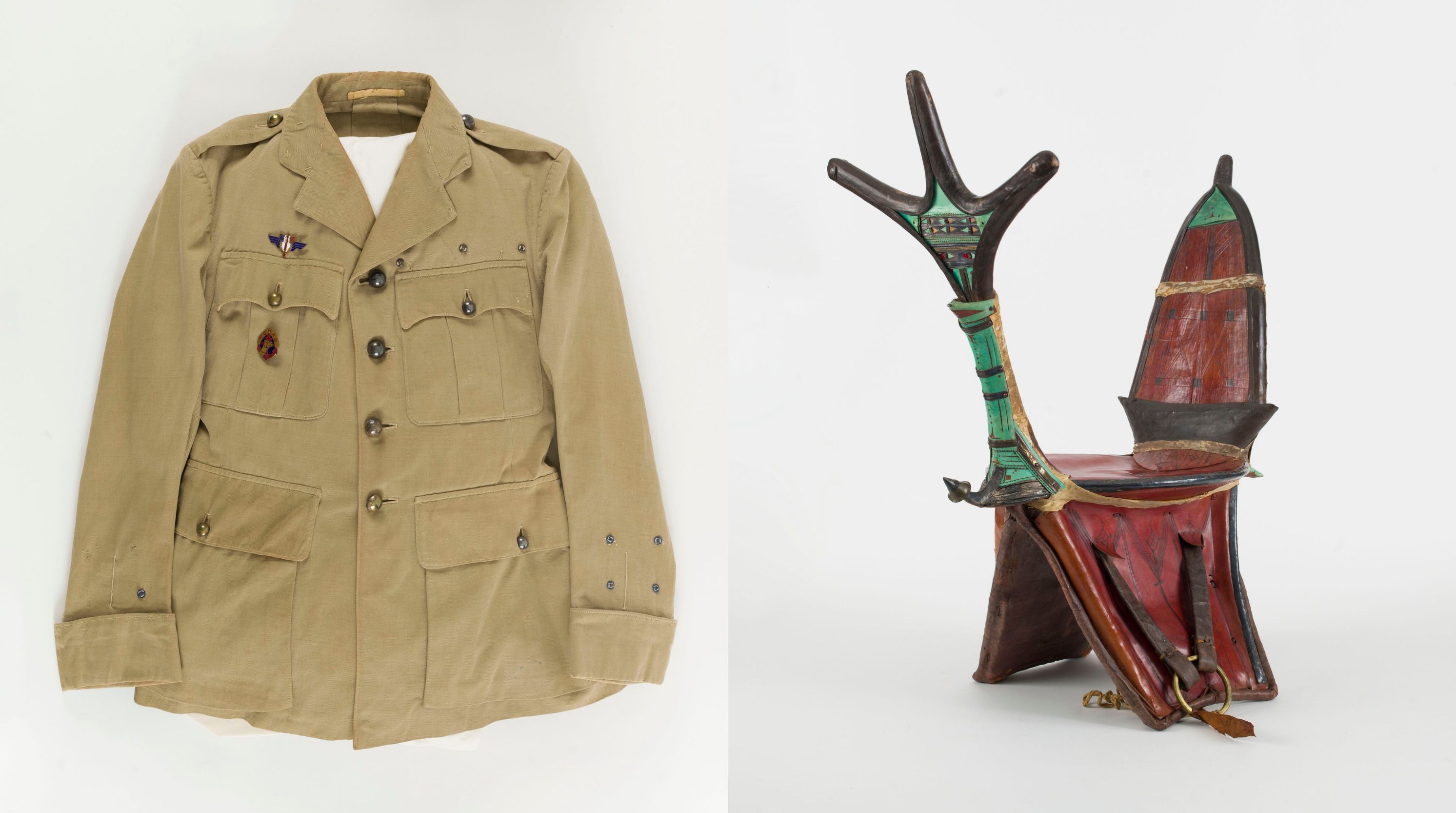 A gauche : veste du général Leclerc ; à droite : selle de méhariste