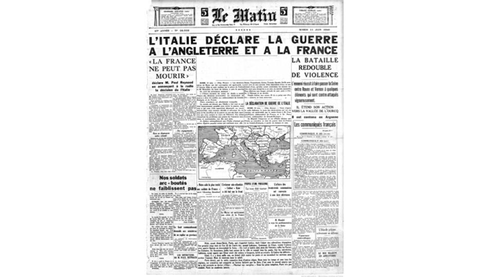 une de journal Le Matin, juin 1940