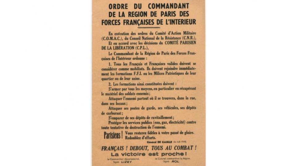 document d'archive : l’appel à la mobilisation générale de Rol-Tanguy.